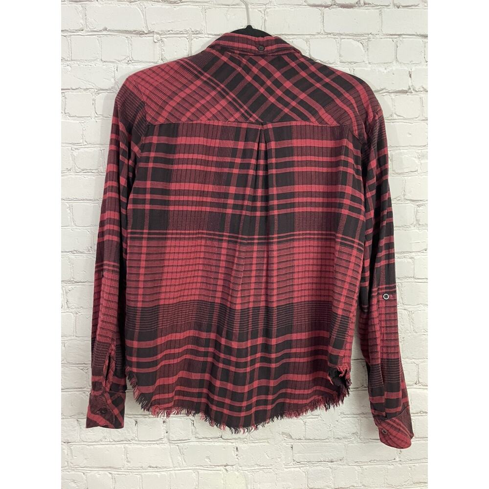 Cloth & Stone Red Black L/S Plaid Button Front Fray Raw Hem Blouse size Small - Picture 2 of 6